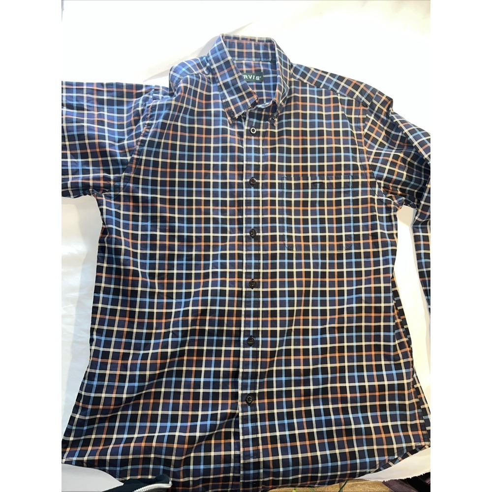 Orvis Signature Twill L Plaid Black‎ Blue Tan Long Sleeve Shirt 100% Cotton 372